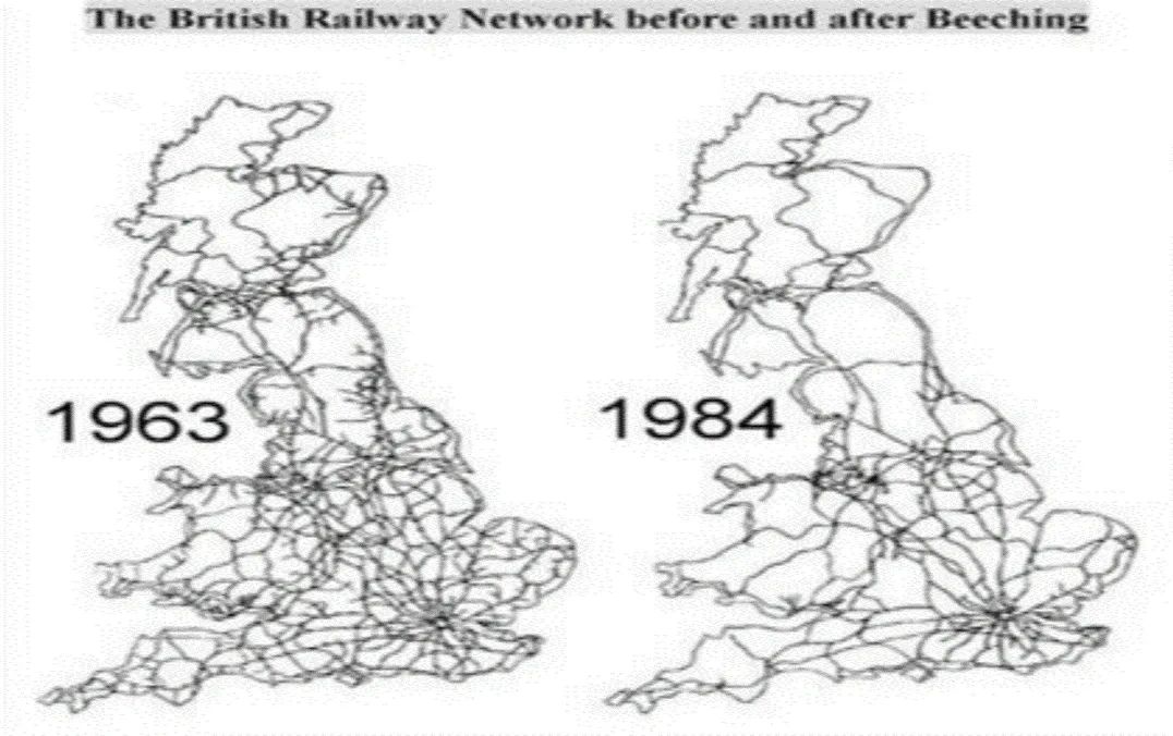 The British Railway Network before and after Beeching — 1963 vs 1984 comparison maps
