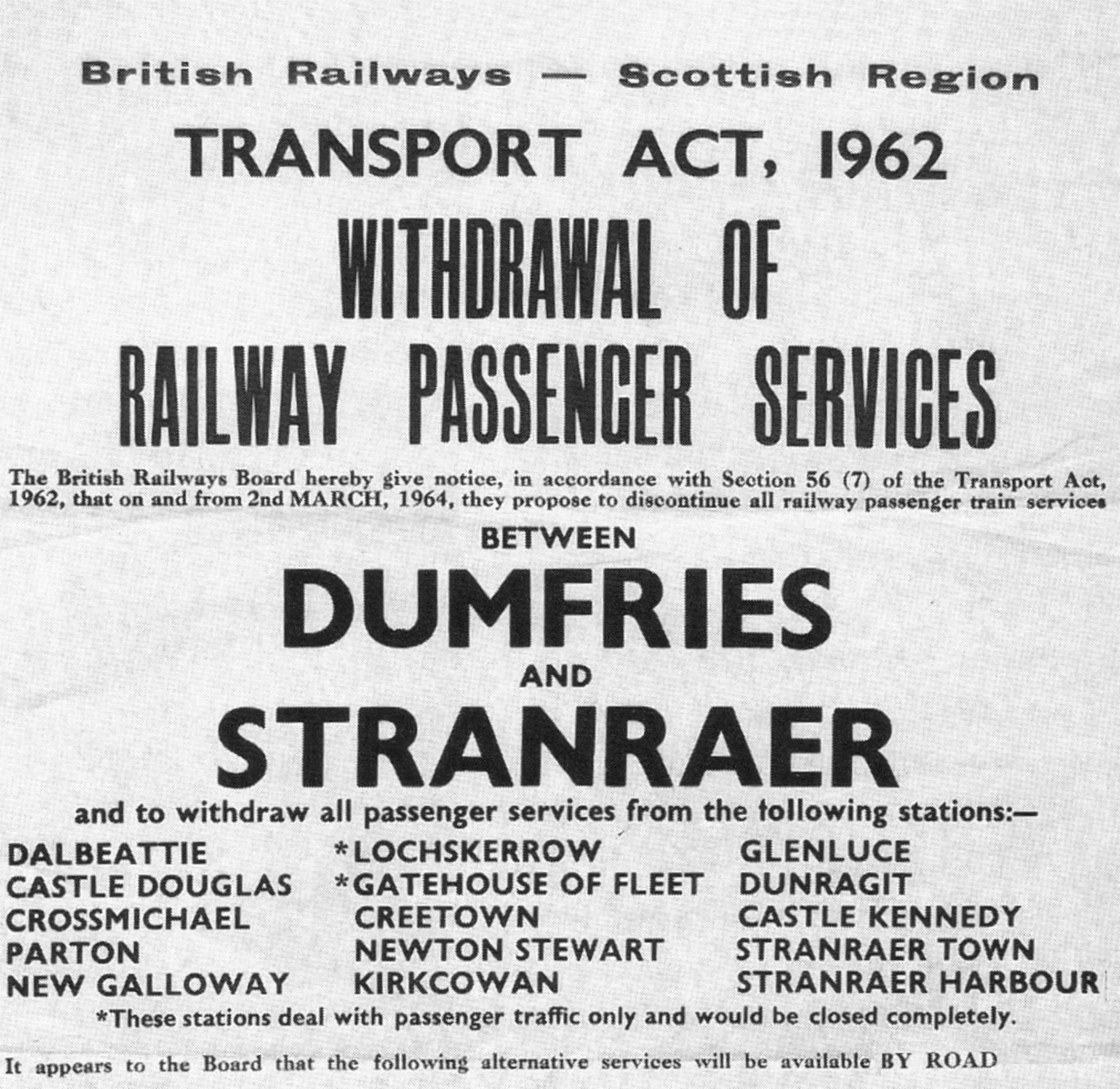 British Railways 1964 notice announcing withdrawal of passenger services between Dumfries and Stranraer
