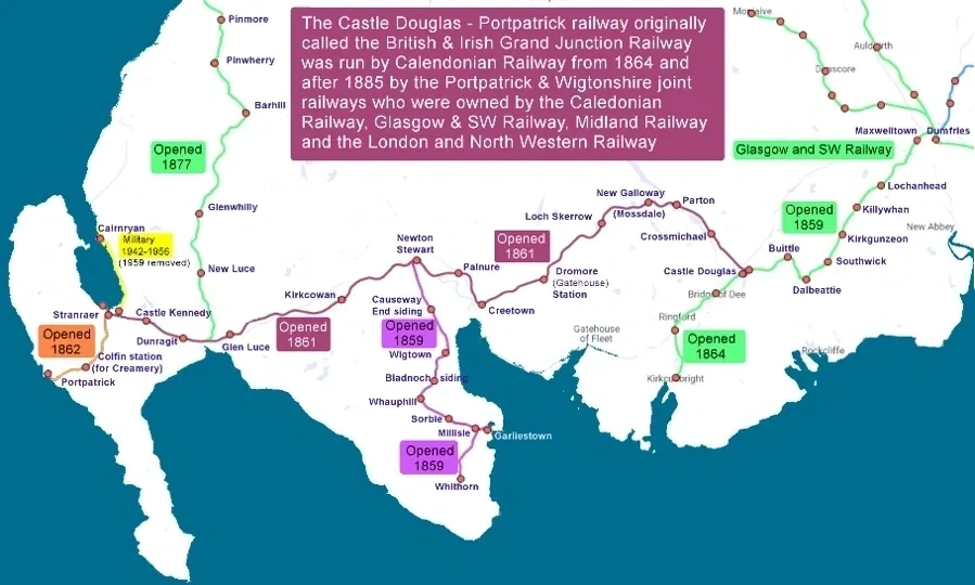 Historical railway map of the Castle Douglas–Portpatrick railway line through South West Scotland